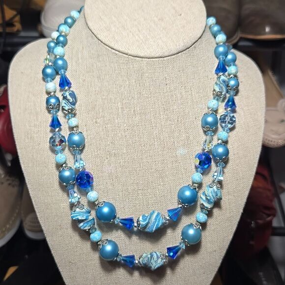 Vintage Vendome Mid-Century Blue Crystal and Bead Double Strand Necklace - Picture 1 of 10
